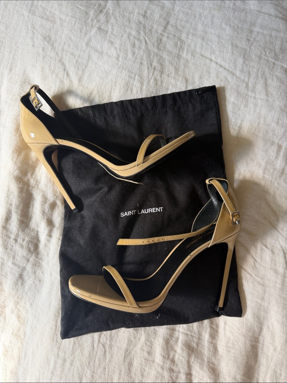 Saint Laurent Nude Patent Leather Ankle-Strap Stiletto Sandals